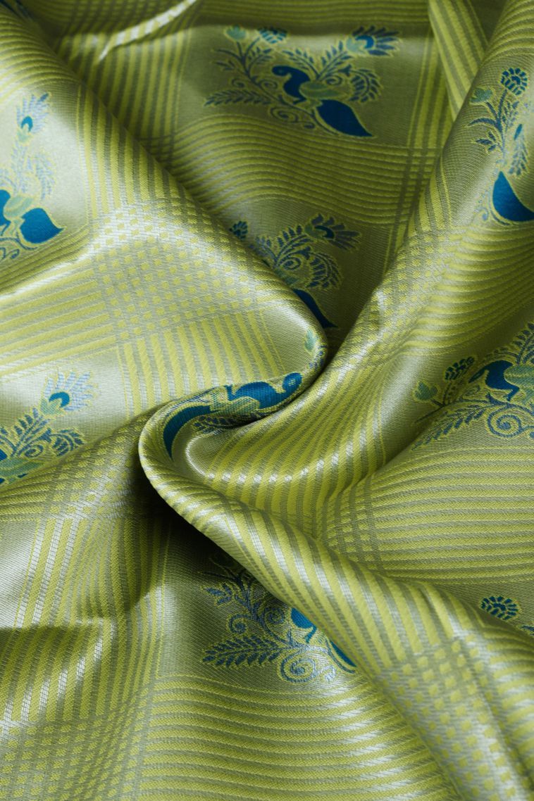 Lime Green Apoorva Silk Sarees with Silver Zari Checks view 4