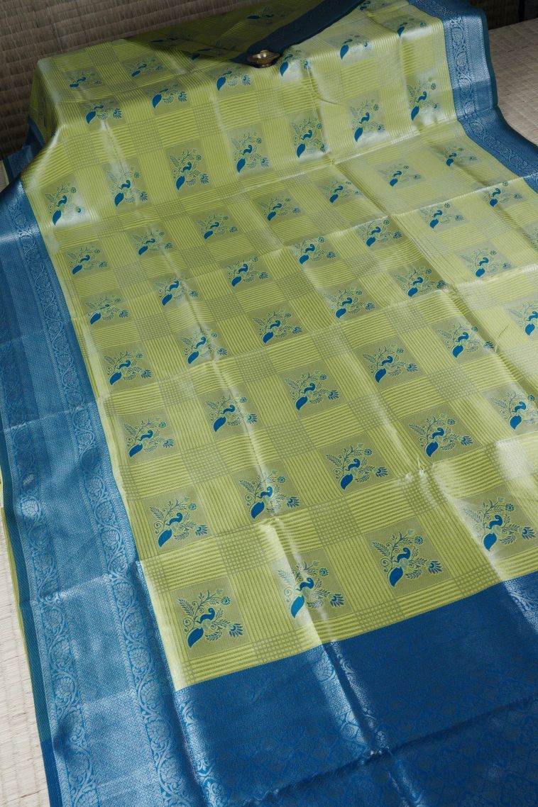 Lime Green Apoorva Silk Sarees with Silver Zari Checks view 2