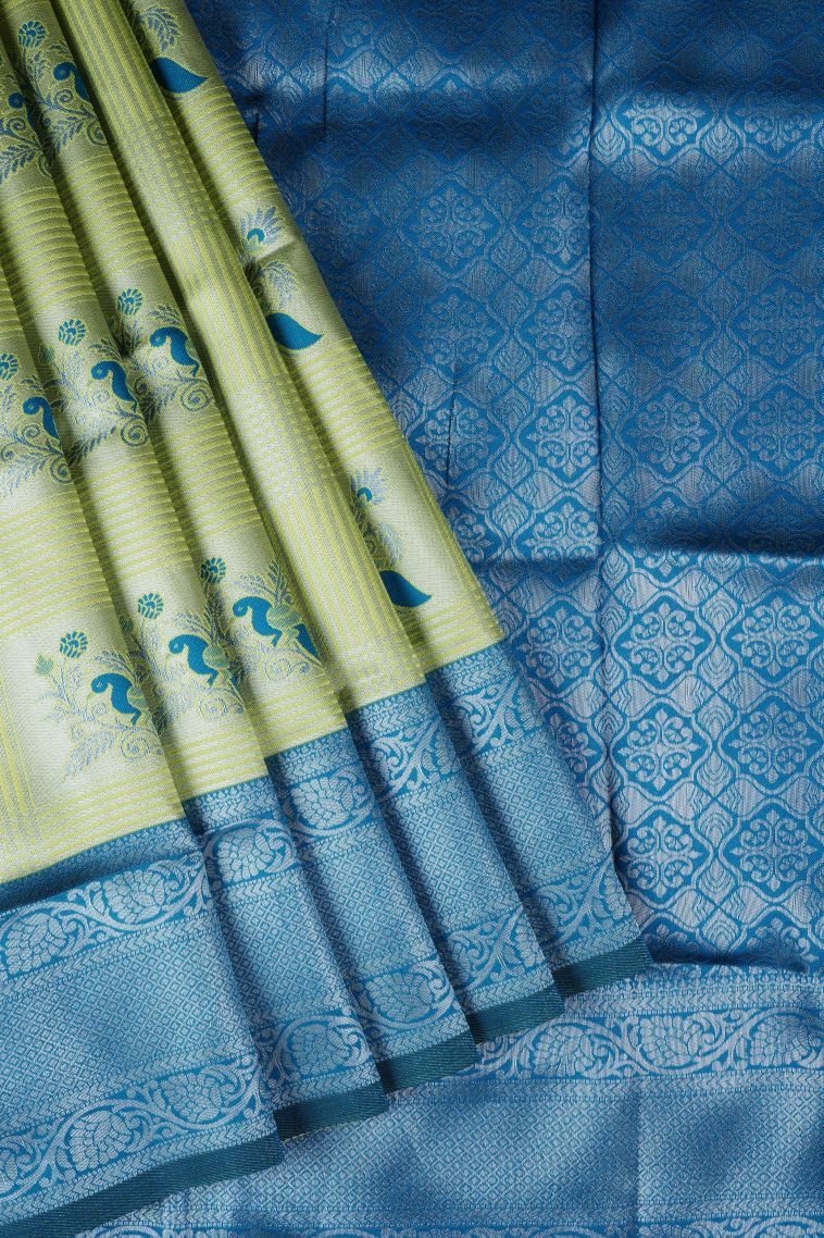 Lime Green Apoorva Silk Sarees with Silver Zari Checks view 1