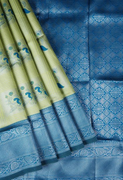 Lime Green Apoorva Silk Sarees with Silver Zari Checks