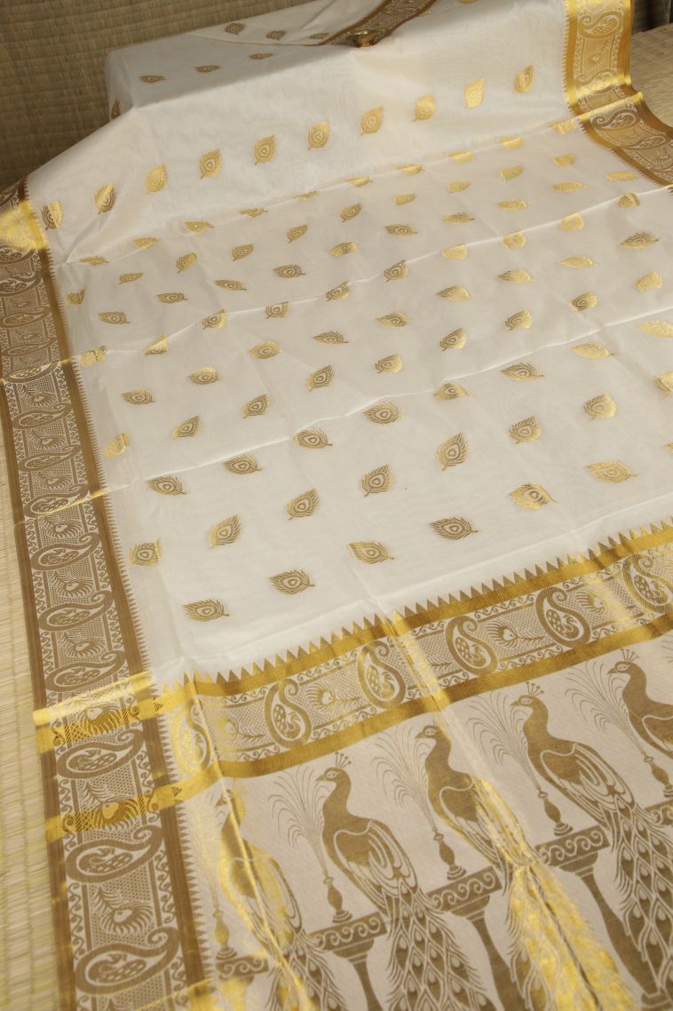Cream White Silk Cotton with Gold Zari Buttis (small Dots Or Motifs) view 2