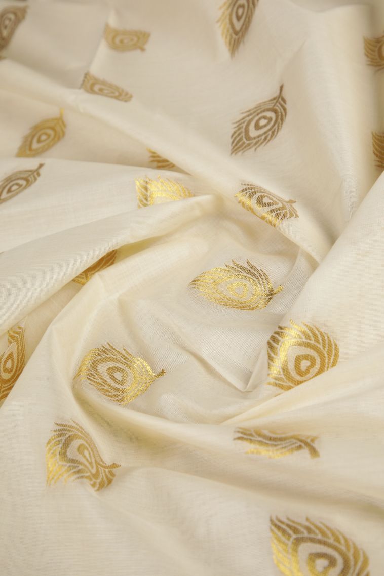 Cream White Silk Cotton with Gold Zari Buttis (small Dots Or Motifs) view 4