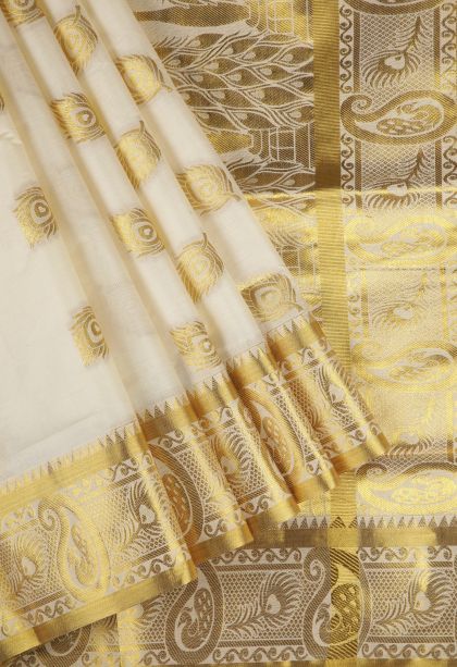 Cream White Silk Cotton with Gold Zari Buttis (small Dots Or Motifs)