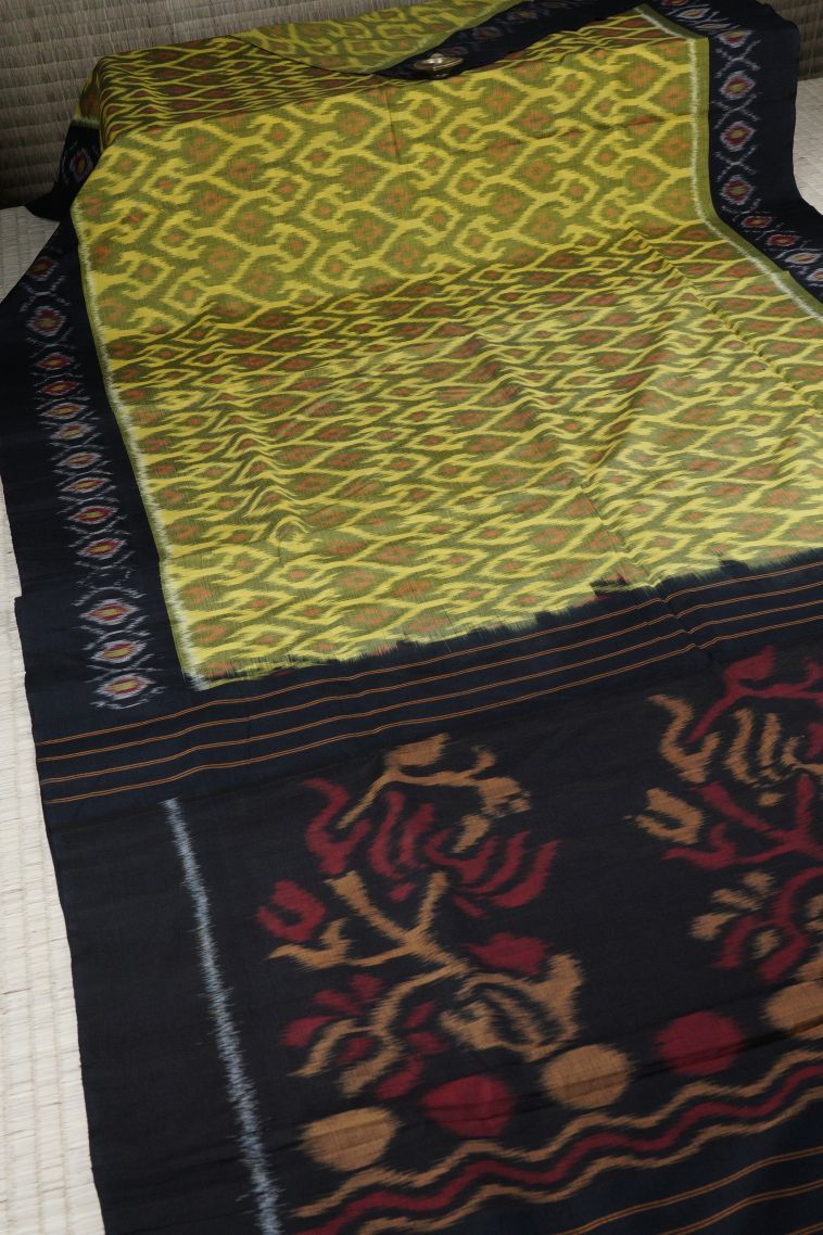 Lemon Yellow Ikkat Cotton Sarees with Without Zari Zari Geometric Shapes view 2