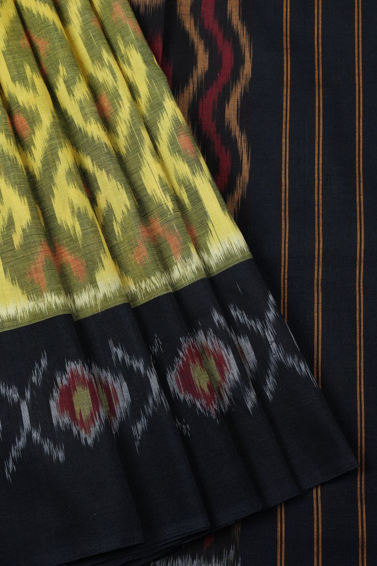 Lemon Yellow Ikkat Cotton Sarees with Without Zari Zari Geometric Shapes view 1