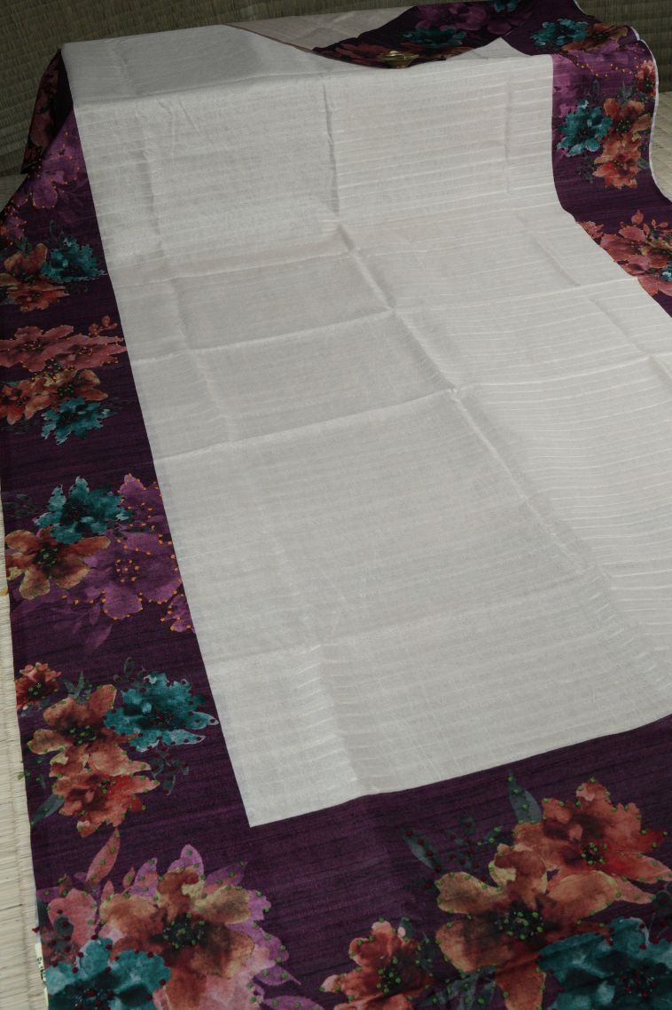 Chiffon White Tussar Silk Saree with Without Zari Zari Plain view 2