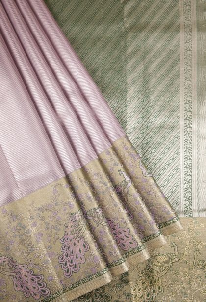 Blush Pink Tissue Silk Sarees with Silver Zari Peacock Motifs