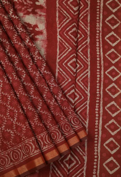 Apple Red Chanderi Cotton Sarees with Without Zari Zari Geometric Shapes