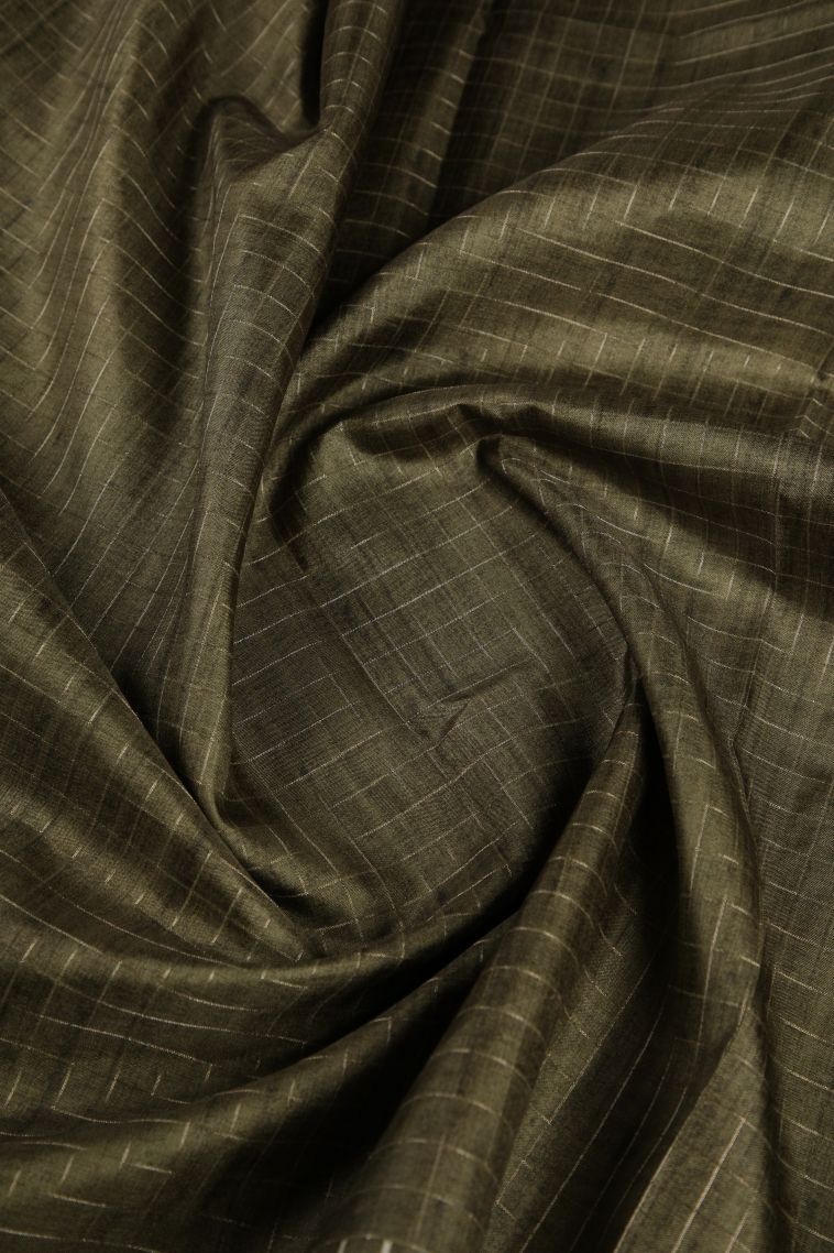 Olive Green Tussar Saree with Gold Zari Checks view 4