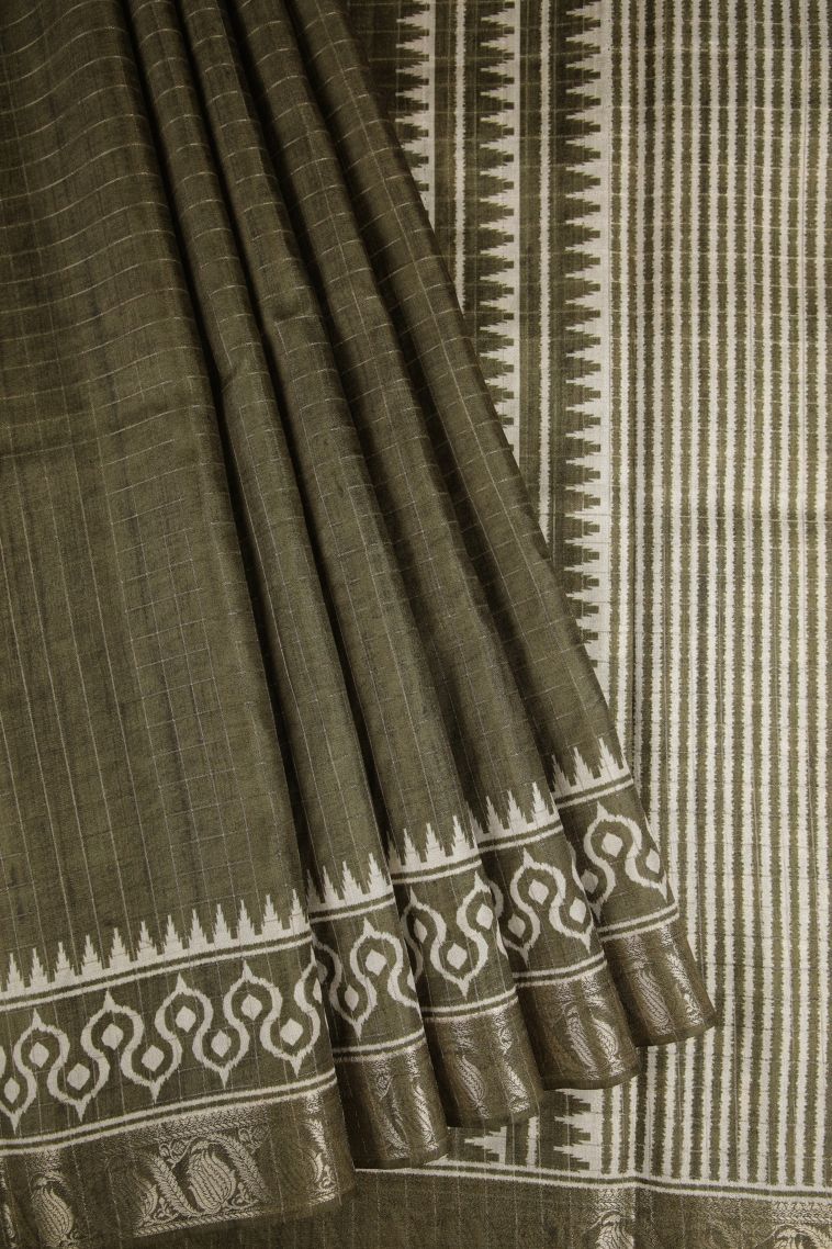 Olive Green Tussar Saree with Gold Zari Checks view 1