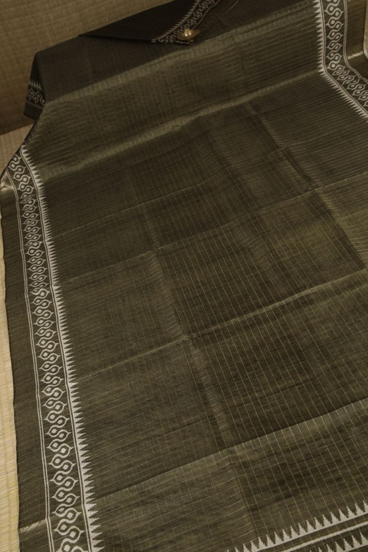 Olive Green Tussar Saree with Gold Zari Checks view 2