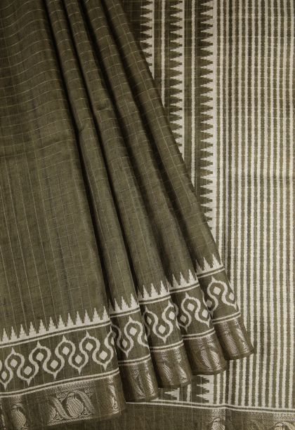 Olive Green Tussar Saree with Gold Zari Checks