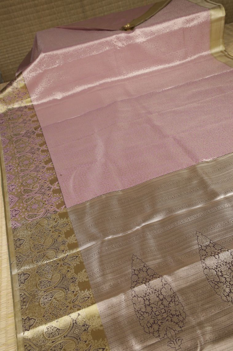 Crepe Pink Tissue Silk Sarees with Silver Zari Floral Patterns view 2