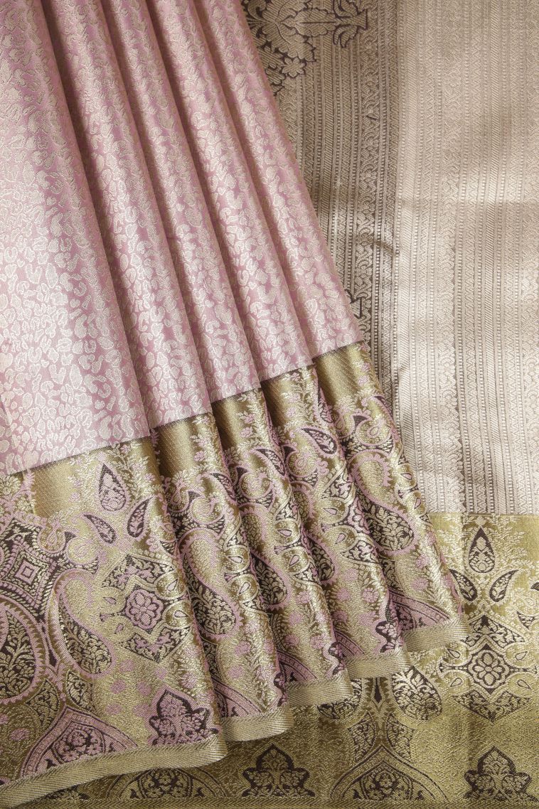 Crepe Pink Tissue Silk Sarees with Silver Zari Floral Patterns view 1