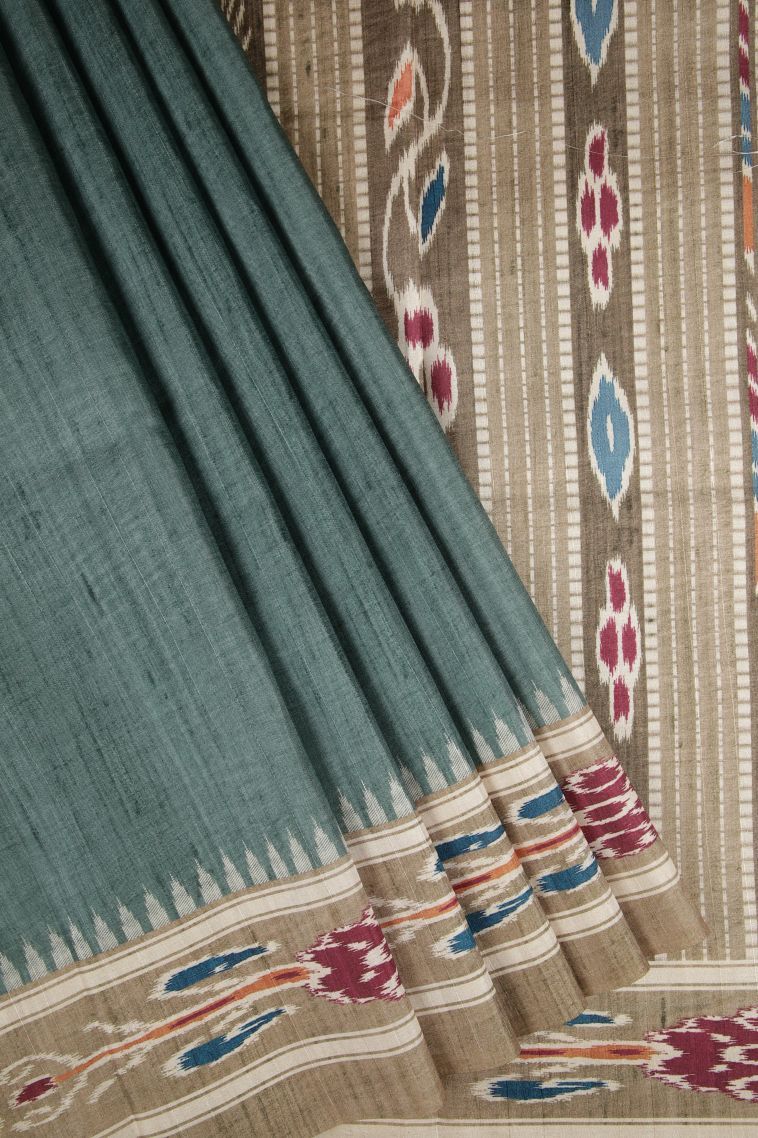 Ocean Blue Tussar Saree with Gold Zari Plain view 1