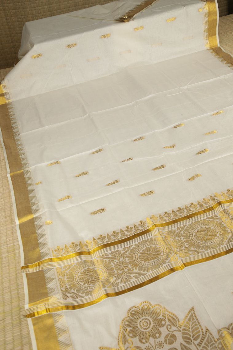 Cream White Silk Cotton with Gold Zari Buttis (small Dots Or Motifs) view 2