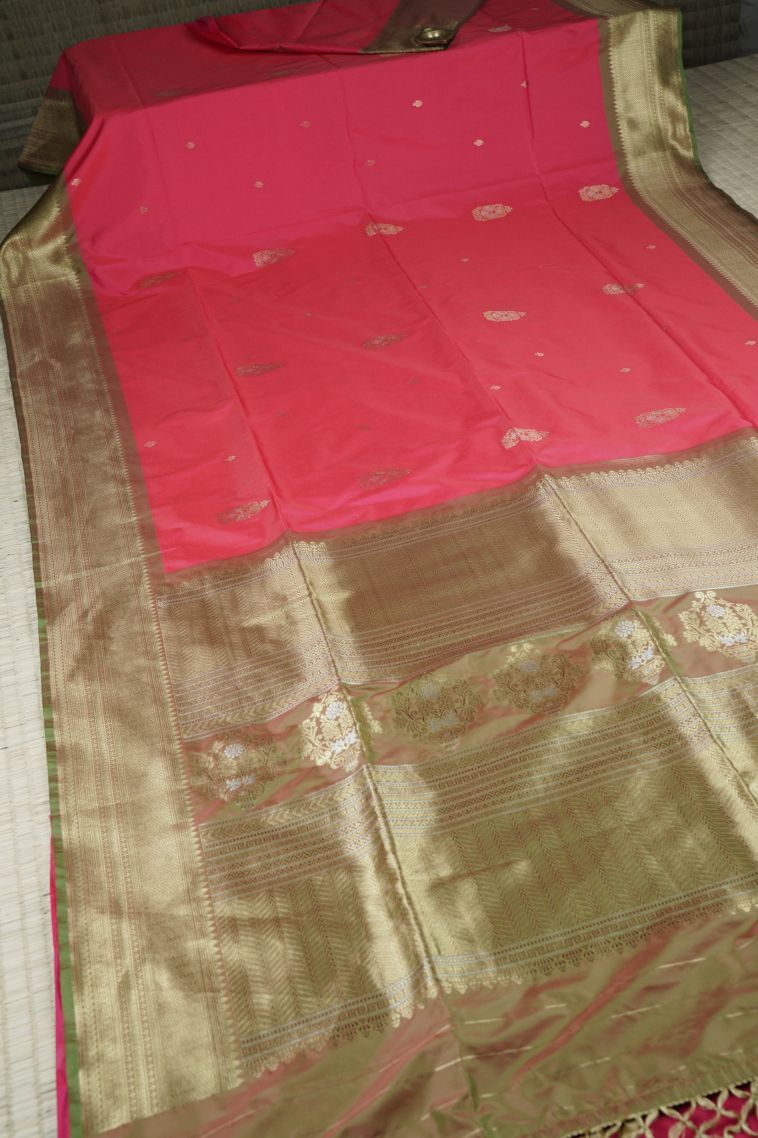 Strawberry Pink Soft Silk Saree with Gold Zari Buttis (small Dots Or Motifs) view 2