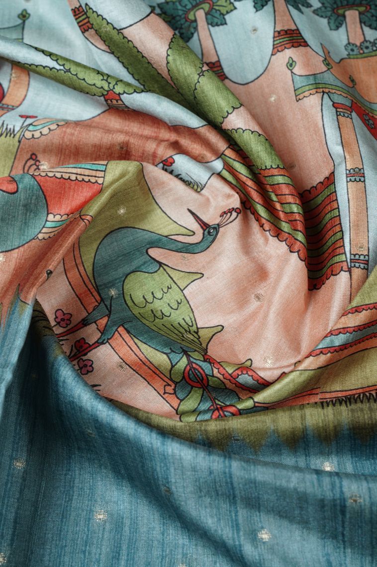 Ocean Blue Tussar Saree with Without Zari Zari Floral Patterns view 4