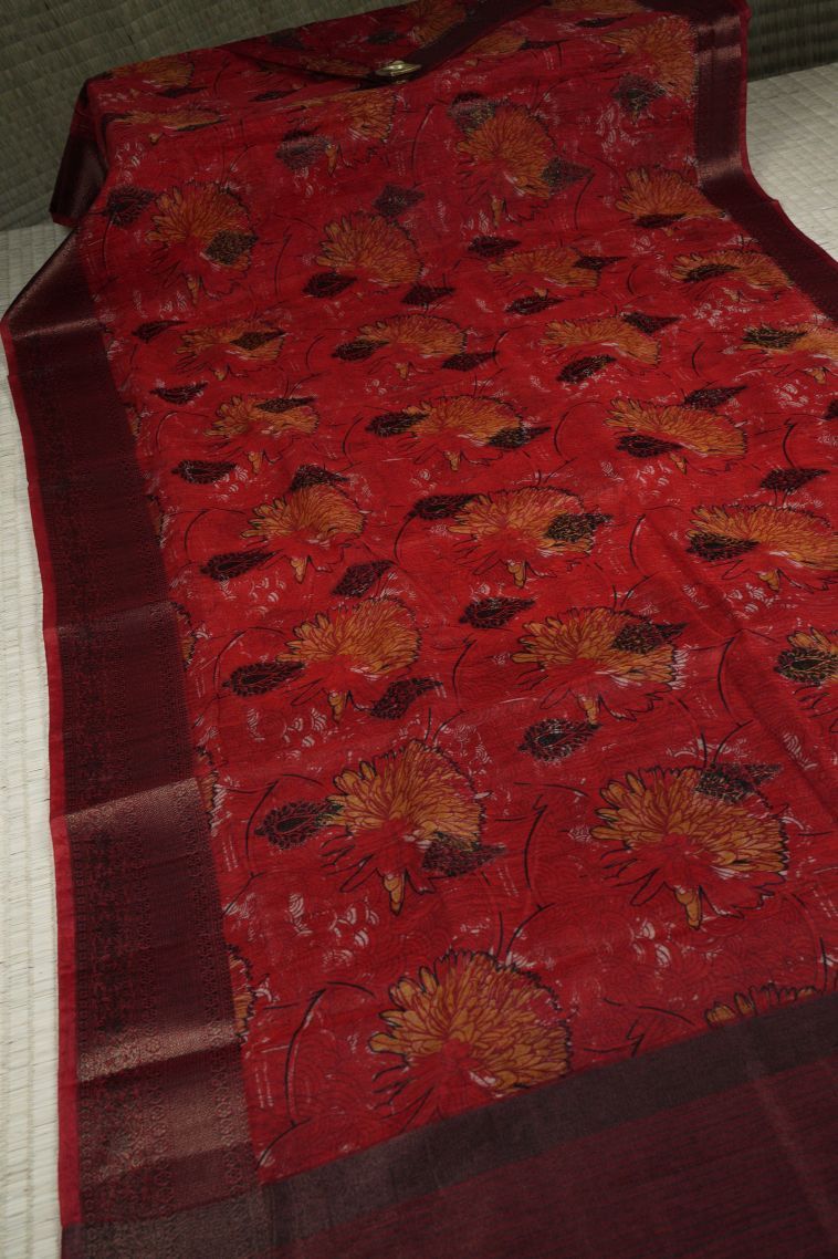 Apple Red Art Silk with Bronze Zari Floral Patterns view 2