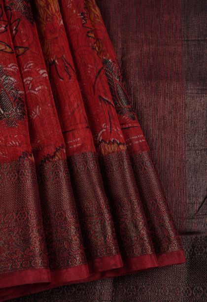 Apple Red Art Silk with Bronze Zari Floral Patterns