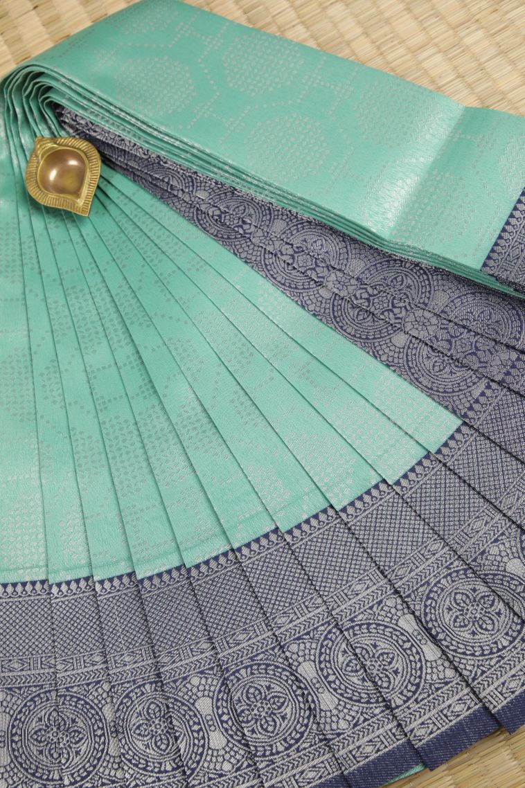 Sky Blue Visiri Madippu Silk Sarees with Silver Zari Geometric Shapes view 1