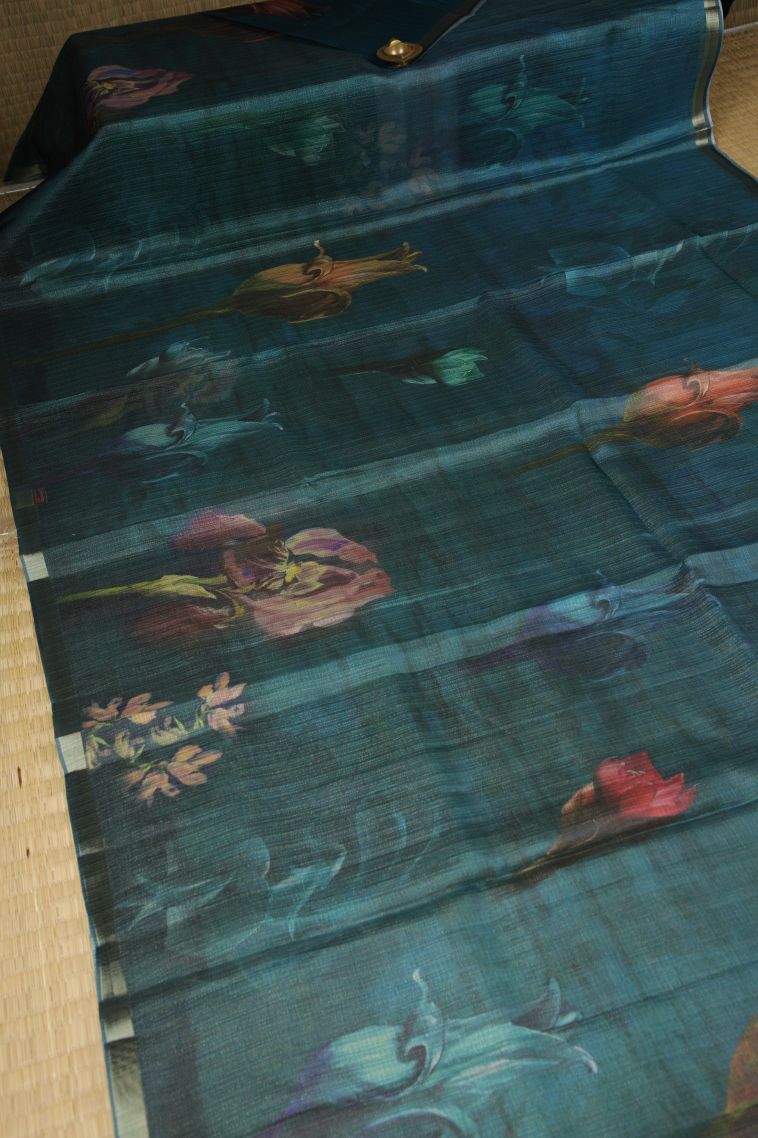 Blue Tussar Silk Saree with Without Zari Zari Floral Patterns view 2