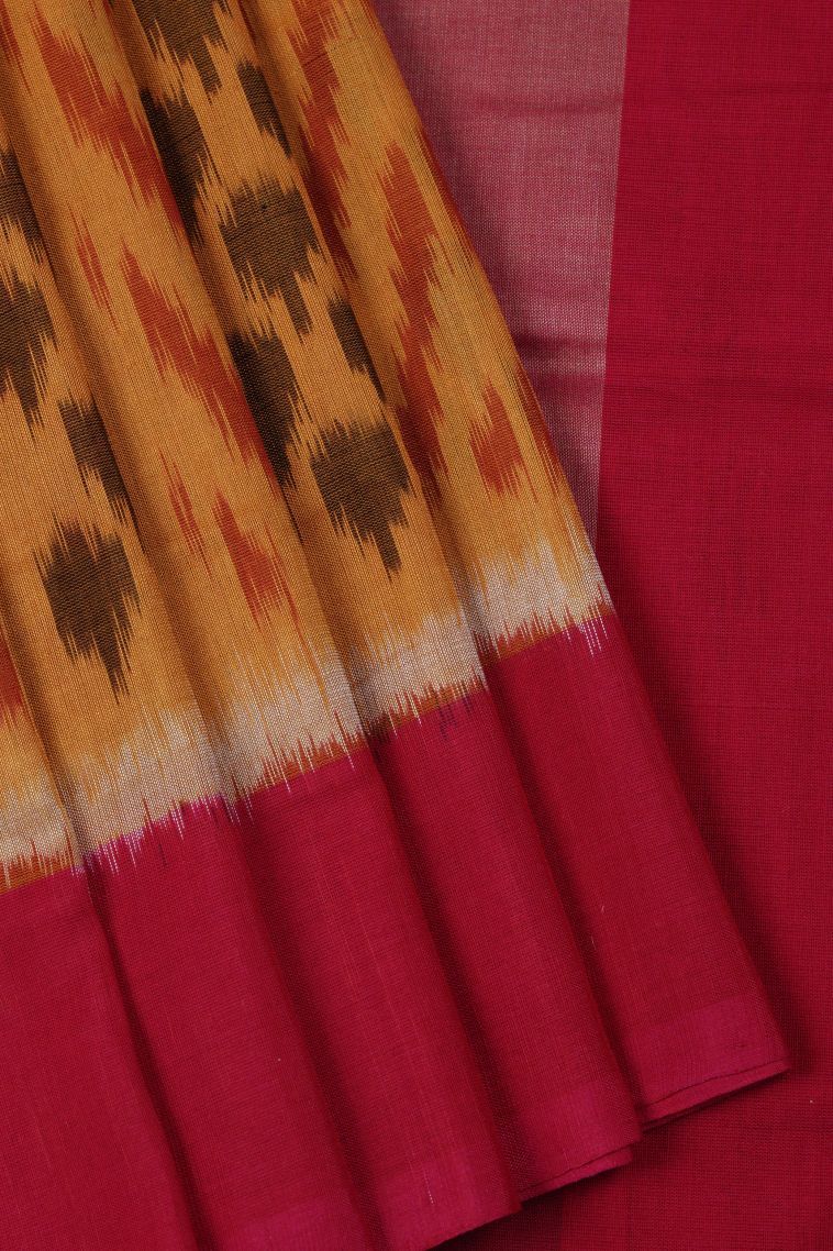 Honey Orange Ikkat Cotton Sarees with Without Zari Zari Geometric Shapes view 1