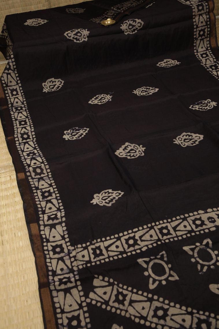 Asphalt Black Chanderi Cotton Sarees with Without Zari Zari Buttis (small Dots Or Motifs) view 2