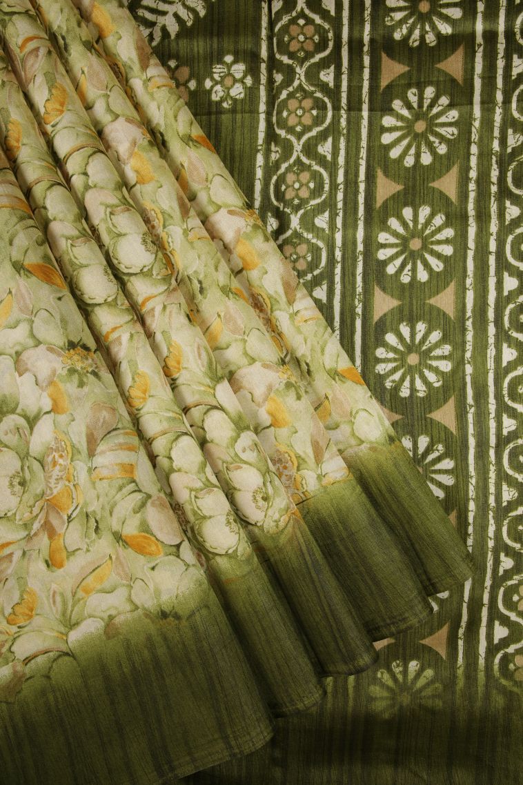 Olive Green Tussar Saree with Without Zari Zari Floral Patterns view 1