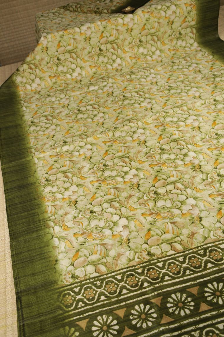 Olive Green Tussar Saree with Without Zari Zari Floral Patterns view 2