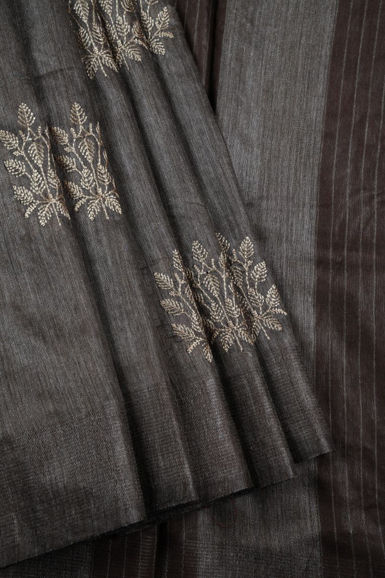 Abbey Black Tussar Saree with Bronze Zari Floral Patterns view 1