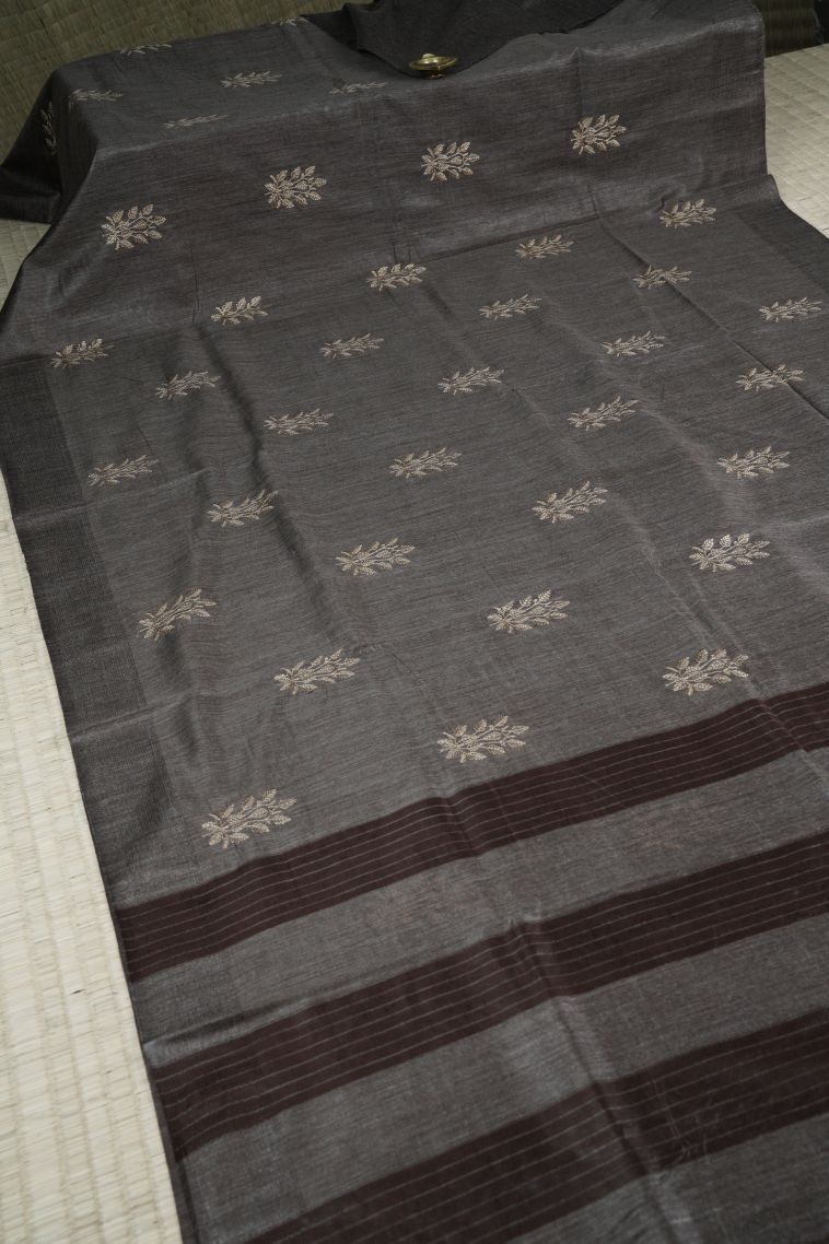 Abbey Black Tussar Saree with Bronze Zari Floral Patterns view 2