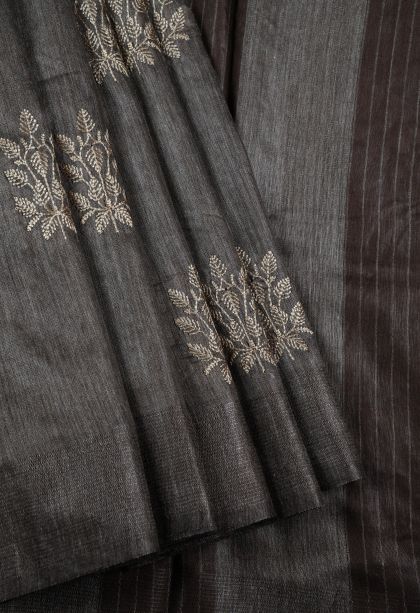 Abbey Black Tussar Saree with Bronze Zari Floral Patterns