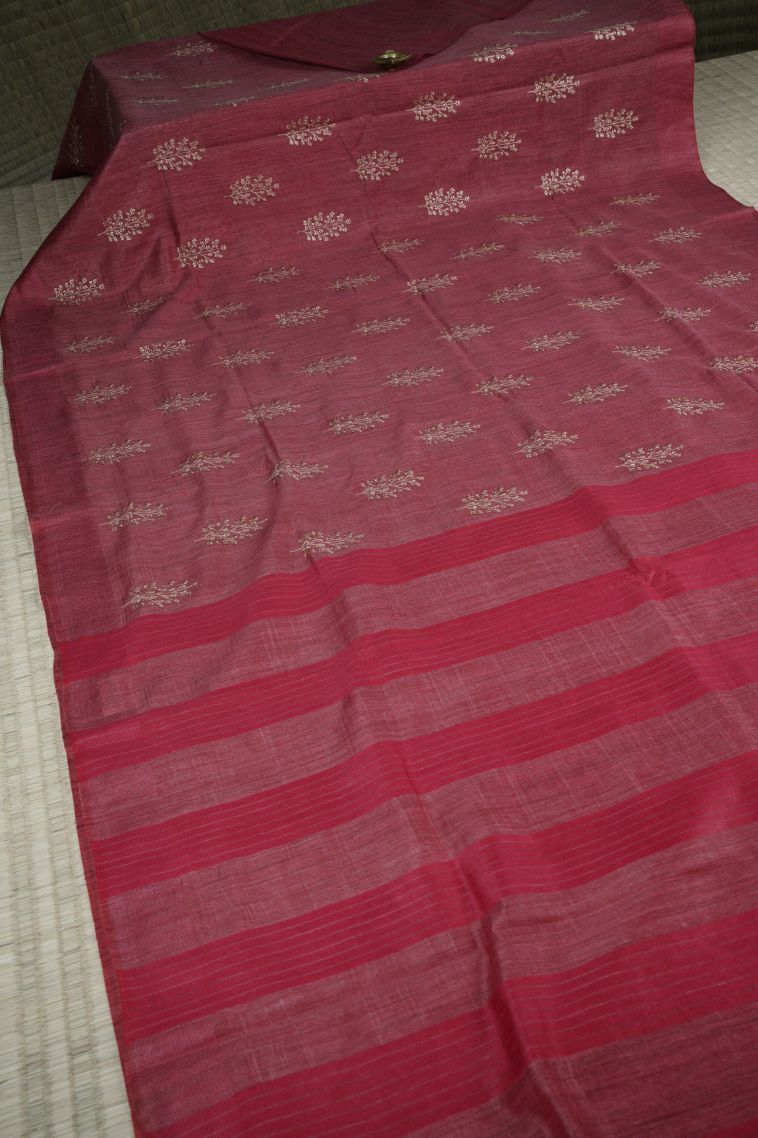 Rouge Pink Tussar Saree with Bronze Zari Floral Patterns view 2