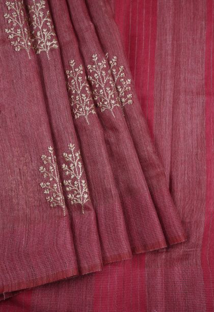 Rouge Pink Tussar Saree with Bronze Zari Floral Patterns
