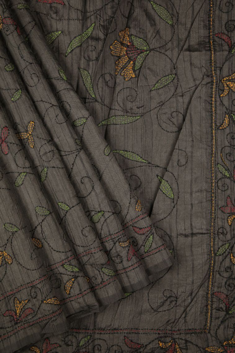 Damp Black Tussar Silk Saree with Without Zari Zari Floral Patterns view 1