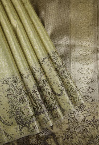 Olive Green Tissue Silk Sarees with Silver Zari Floral Patterns