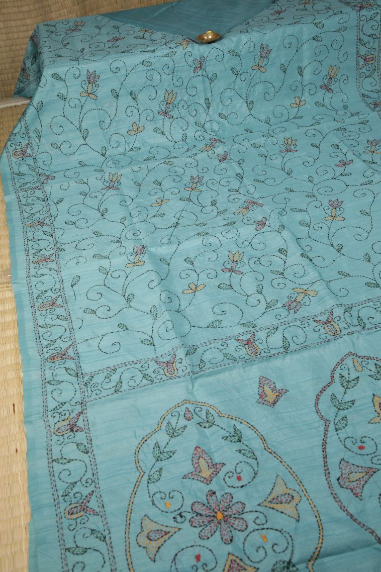 Arctic Blue Tussar Silk Saree with Without Zari Zari Floral Patterns view 2