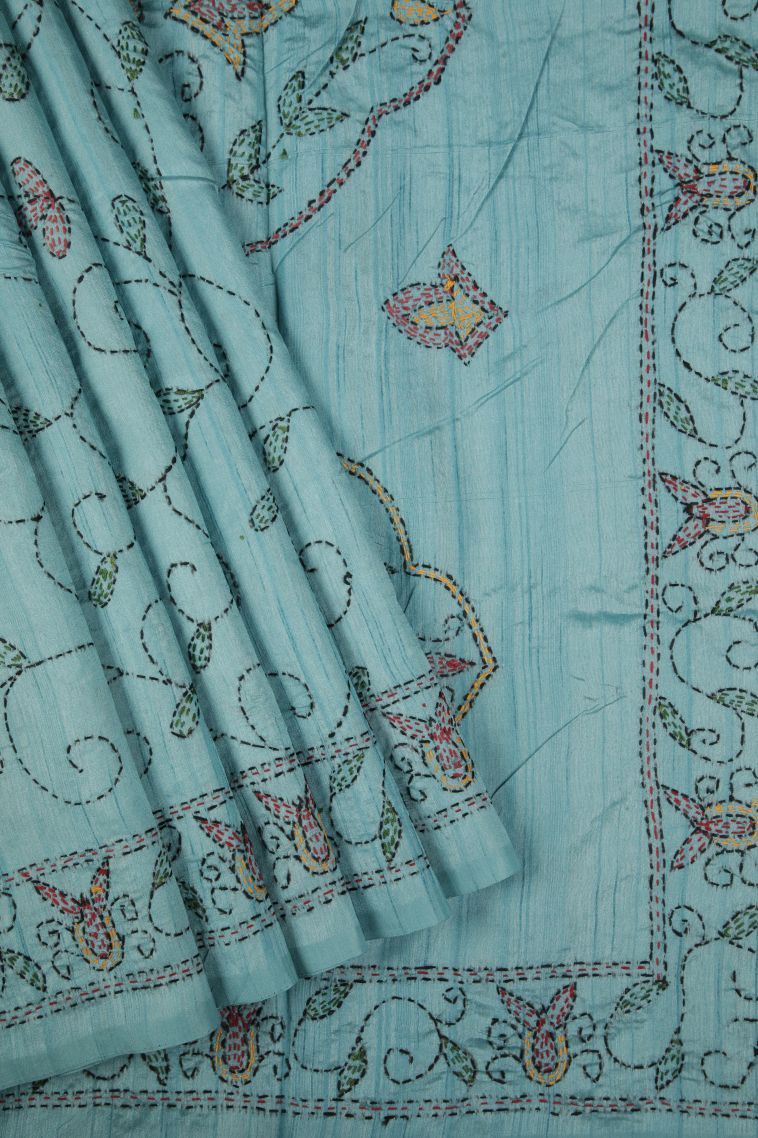 Arctic Blue Tussar Silk Saree with Without Zari Zari Floral Patterns view 1