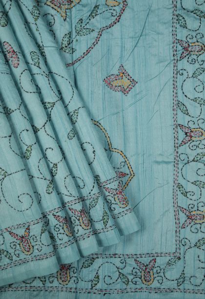 Arctic Blue Tussar Silk Saree with Without Zari Zari Floral Patterns