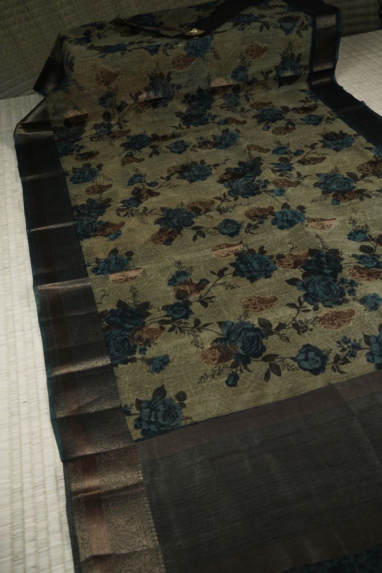 Sage Green Art Silk with Bronze Zari Floral Patterns view 2