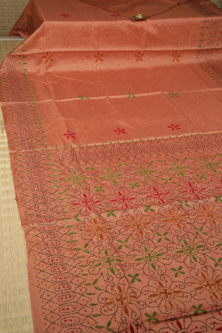 Peach Pink Tussar Silk Saree with Without Zari Zari Buttis (small Dots Or Motifs) view 2
