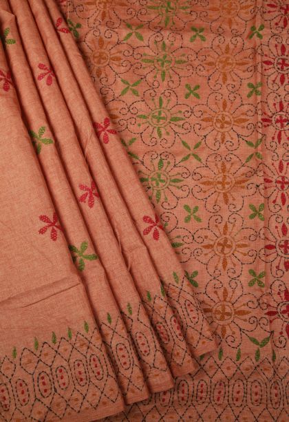 Peach Pink Tussar Silk Saree with Without Zari Zari Buttis (small Dots Or Motifs)