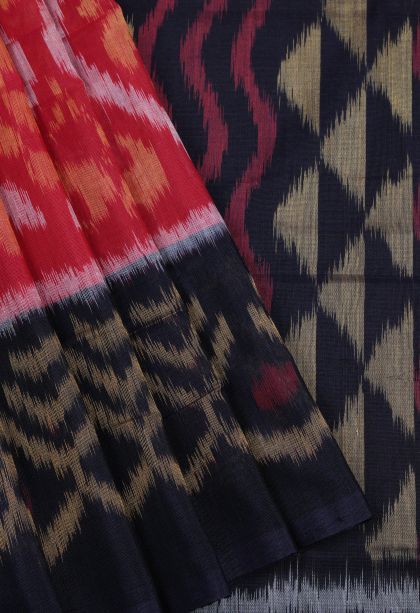 Rose  Red Ikkat Cotton Sarees with Without Zari Zari Geometric Shapes