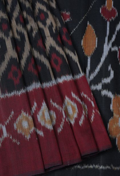 Asphalt Black Ikkat Cotton Sarees with Without Zari Zari Geometric Shapes