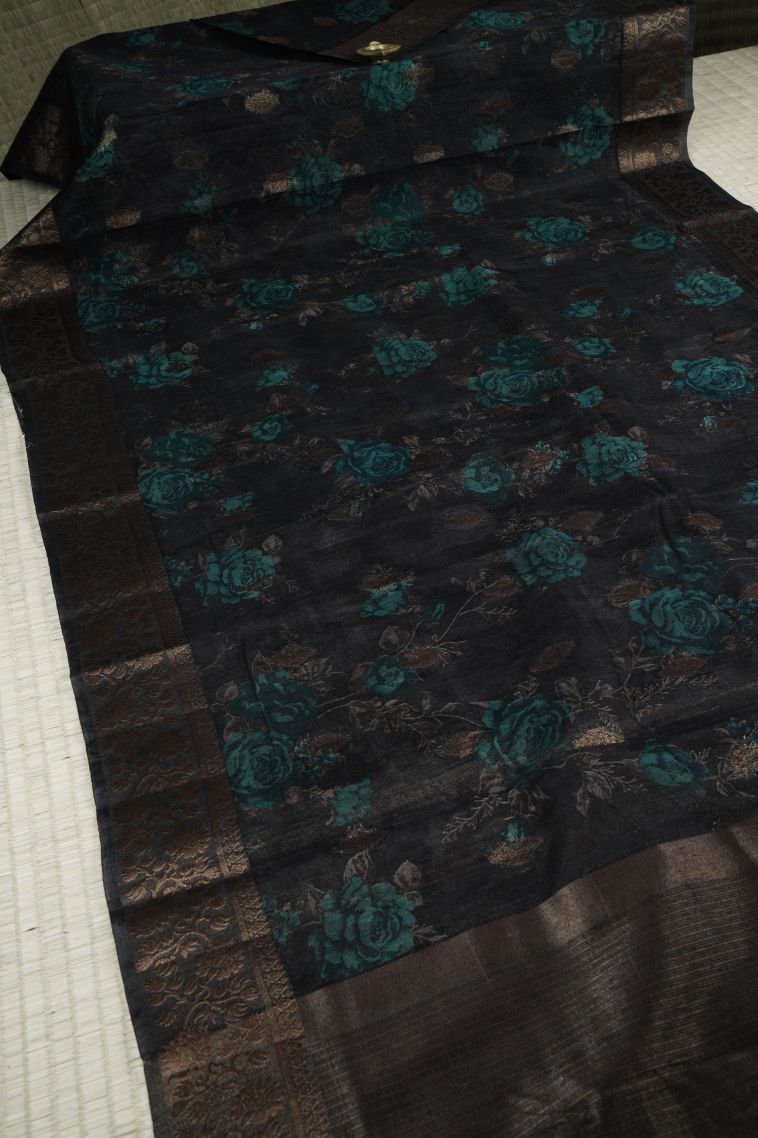 Asphalt Black Art Silk with Bronze Zari Floral Patterns view 2