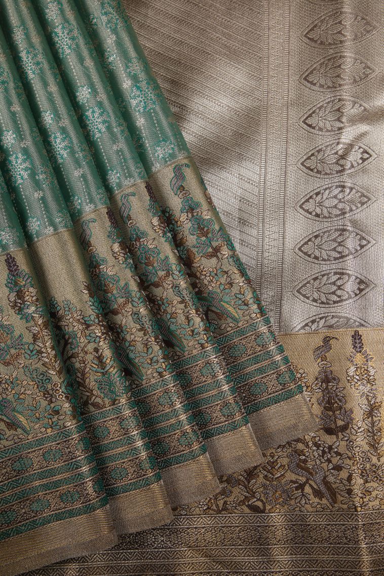 Ocean Blue Tissue Silk Sarees with Silver Zari Floral Patterns view 1