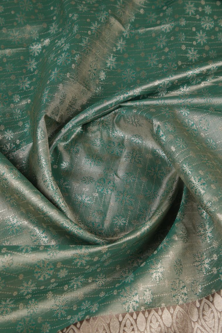 Ocean Blue Tissue Silk Sarees with Silver Zari Floral Patterns view 4