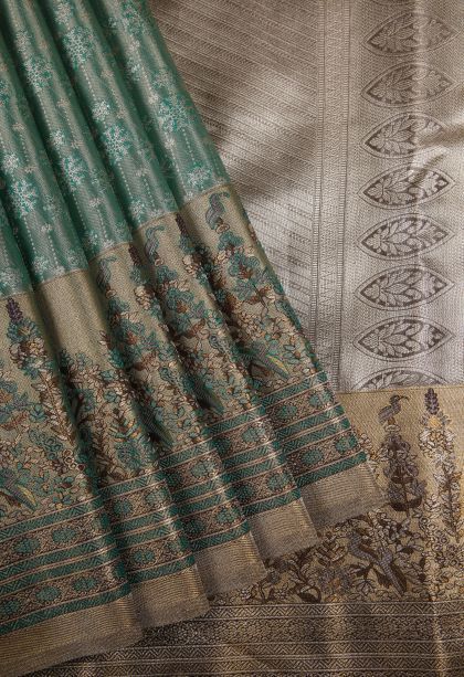 Ocean Blue Tissue Silk Sarees with Silver Zari Floral Patterns