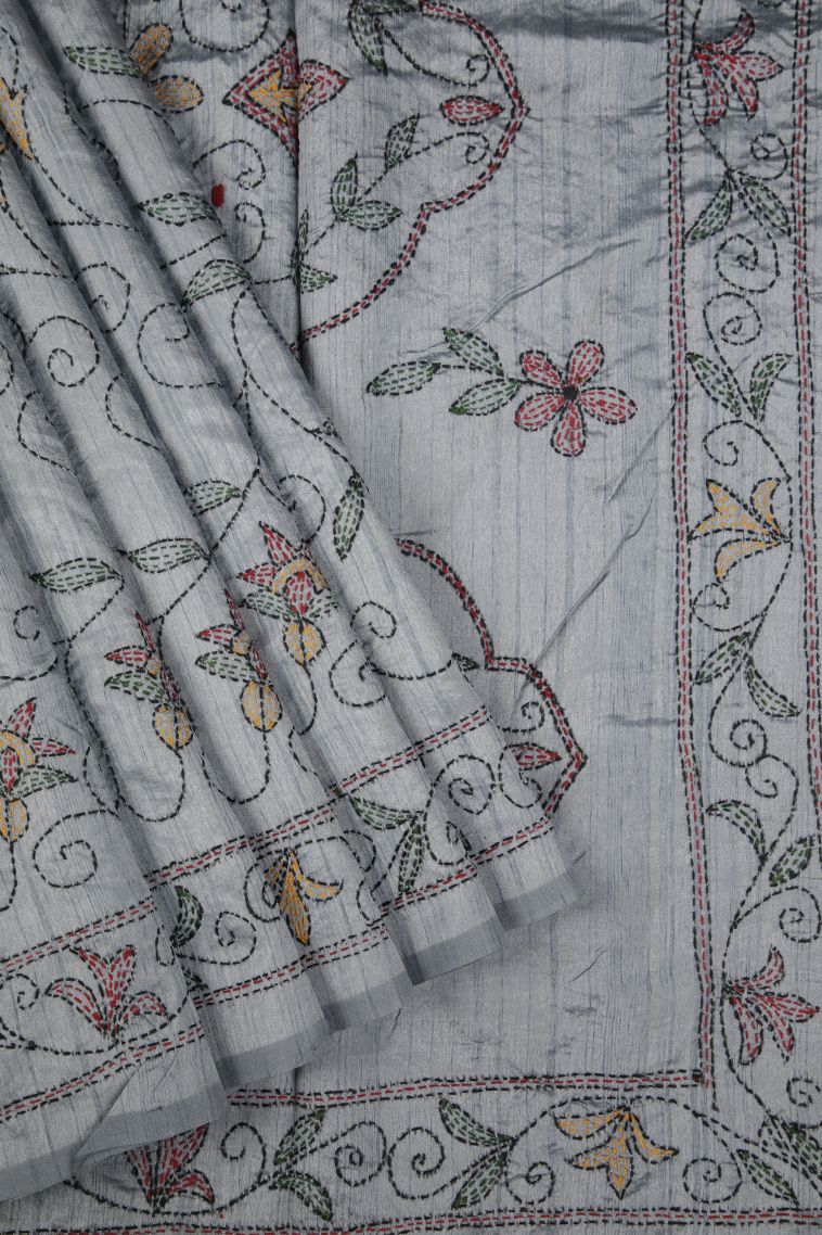 Gray Black Tussar Silk Saree with Without Zari Zari Floral Patterns view 1